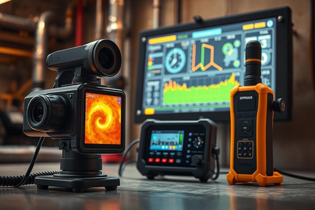 A professional and sleek composition showcasing the cutting-edge SPmais leak detection equipment. In the foreground, a high-resolution thermal imaging camera with a precision lens captures the heat signatures of potential leaks. In the middle ground, a state-of-the-art ultrasonic leak detector with a directional microphone pinpoints the source of even the smallest escaping gases. In the background, a digital control panel displays real-time monitoring data, with intuitive software interfaces and smart connectivity. The scene is illuminated by warm, natural lighting, creating a sense of technical expertise and environmental responsibility. The overall mood is one of advanced technology meeting practical problem-solving, reflecting the SPmais brand's commitment to innovative leak detection solutions. A professional and sleek composition showcasing the cutting-edge SPmais leak detection equipment. In the foreground, a high-resolution thermal imaging camera with a precision lens captures the heat signatures of potential leaks. In the middle ground, a state-of-the-art ultrasonic leak detector with a directional microphone pinpoints the source of even the smallest escaping gases. In the background, a digital control panel displays real-time monitoring data, with intuitive software interfaces and smart connectivity. The scene is illuminated by warm, natural lighting, creating a sense of technical expertise and environmental responsibility. The overall mood is one of advanced technology meeting practical problem-solving, reflecting the SPmais brand's commitment to innovative leak detection solutions.