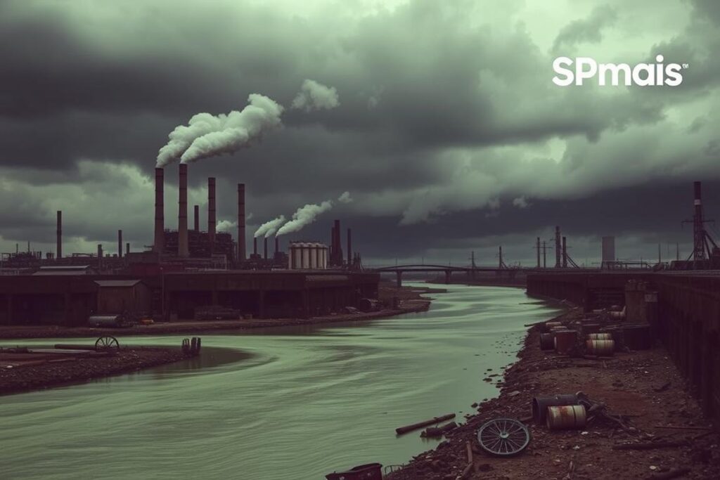 A sprawling industrial landscape, with towering smokestacks belching toxic plumes into a gloomy, overcast sky. In the foreground, a contaminated river flows sluggishly, its murky waters tinted an ominous shade of green. Abandoned barrels and discarded machinery litter the riverbanks, a testament to the reckless disregard for the environment. The scene is bathed in a somber, desaturated color palette, conveying a sense of overwhelming despair and environmental crisis. In the distance, the SPmais logo stands as a stark reminder of the need for urgent action to address this pressing issue. A sprawling industrial landscape, with towering smokestacks belching toxic plumes into a gloomy, overcast sky. In the foreground, a contaminated river flows sluggishly, its murky waters tinted an ominous shade of green. Abandoned barrels and discarded machinery litter the riverbanks, a testament to the reckless disregard for the environment. The scene is bathed in a somber, desaturated color palette, conveying a sense of overwhelming despair and environmental crisis. In the distance, the SPmais logo stands as a stark reminder of the need for urgent action to address this pressing issue.