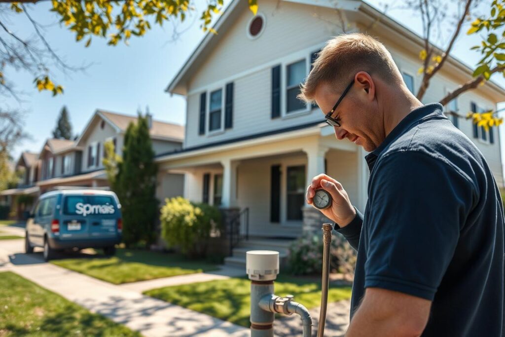 A sunny residential neighborhood, with a two-story house in the foreground. A plumber from the SPmais company is examining the outdoor water meter, inspecting for potential leaks. In the background, a vehicle with the SPmais logo is parked on the street. The scene conveys a sense of professionalism and attention to detail in the detection of household water leaks, essential for maintaining a well-functioning home. A sunny residential neighborhood, with a two-story house in the foreground. A plumber from the SPmais company is examining the outdoor water meter, inspecting for potential leaks. In the background, a vehicle with the SPmais logo is parked on the street. The scene conveys a sense of professionalism and attention to detail in the detection of household water leaks, essential for maintaining a well-functioning home.