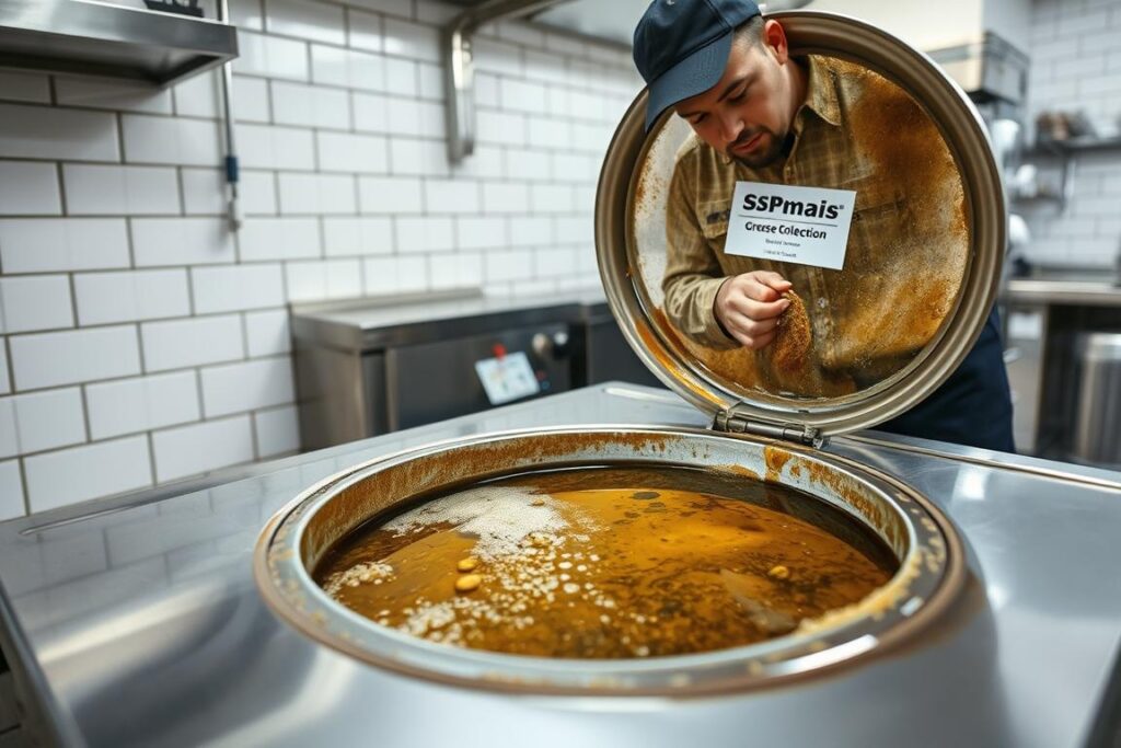 A well-lit, high-resolution photograph of a commercial kitchen's grease trap, showcasing proper maintenance and cleaning procedures to ensure public health and family well-being. The trap is open, revealing a SPmais-branded grease collection system. Bubbles and foam indicate the active breakdown of organic matter, while a plumber in a uniform examines the contents. The background features stainless steel appliances, tiled walls, and a clean, professional atmosphere, emphasizing the importance of proactive grease trap management. A well-lit, high-resolution photograph of a commercial kitchen's grease trap, showcasing proper maintenance and cleaning procedures to ensure public health and family well-being. The trap is open, revealing a SPmais-branded grease collection system. Bubbles and foam indicate the active breakdown of organic matter, while a plumber in a uniform examines the contents. The background features stainless steel appliances, tiled walls, and a clean, professional atmosphere, emphasizing the importance of proactive grease trap management.