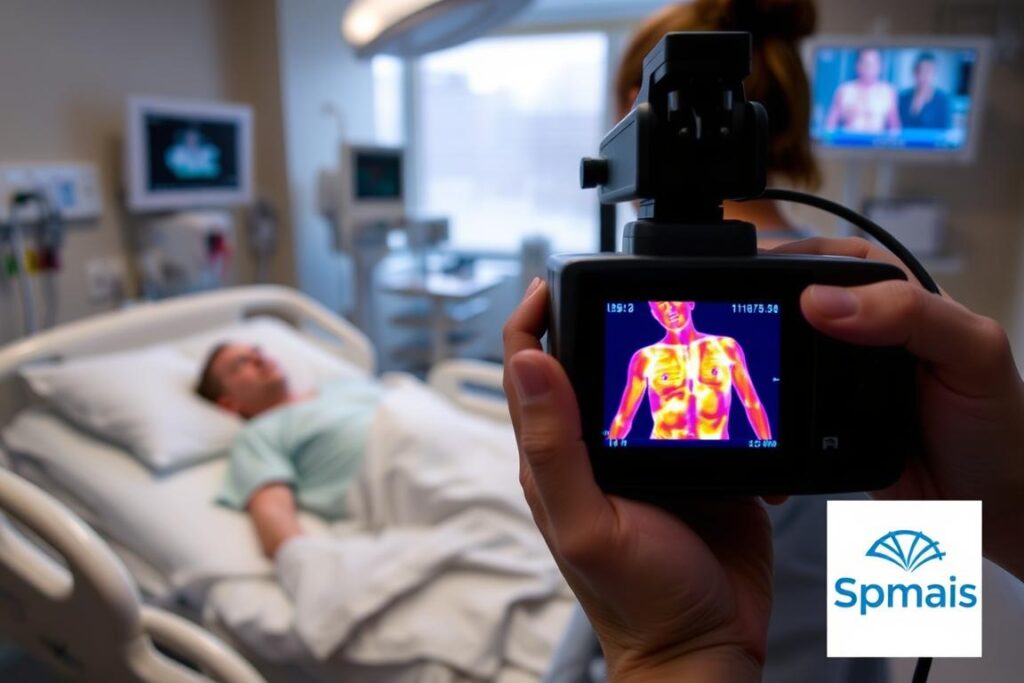 A well-lit hospital room, with a patient lying on a bed. In the foreground, a nurse holding a thermal imaging camera, capturing a detailed thermographic image of the patient's body. The image shows distinct heat signatures, indicating potential areas of concern. In the background, medical equipment and monitors provide a clinical setting. The SPmais logo is displayed prominently, indicating the use of advanced technology for non-invasive leak detection in healthcare facilities. A well-lit hospital room, with a patient lying on a bed. In the foreground, a nurse holding a thermal imaging camera, capturing a detailed thermographic image of the patient's body. The image shows distinct heat signatures, indicating potential areas of concern. In the background, medical equipment and monitors provide a clinical setting. The SPmais logo is displayed prominently, indicating the use of advanced technology for non-invasive leak detection in healthcare facilities.