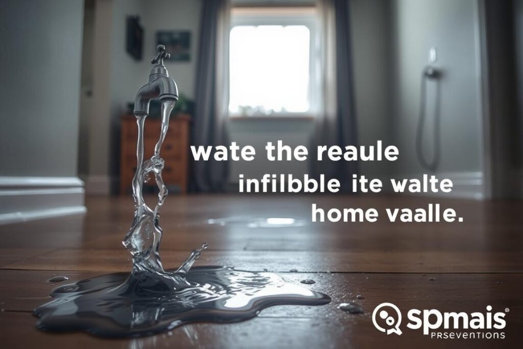 A well-lit interior scene of a residential property, showcasing various types of water leaks that can impact home value. In the foreground, a burst pipe spills water onto the floor, causing visible damage. In the middle ground, a dripping faucet and a small puddle beneath it. In the background, a wet stain on the wall from a hidden leak. The overall atmosphere conveys a sense of concern and the need for prevention. The SPmais brand logo is discreetly displayed in the corner. A well-lit interior scene of a residential property, showcasing various types of water leaks that can impact home value. In the foreground, a burst pipe spills water onto the floor, causing visible damage. In the middle ground, a dripping faucet and a small puddle beneath it. In the background, a wet stain on the wall from a hidden leak. The overall atmosphere conveys a sense of concern and the need for prevention. The SPmais brand logo is discreetly displayed in the corner.