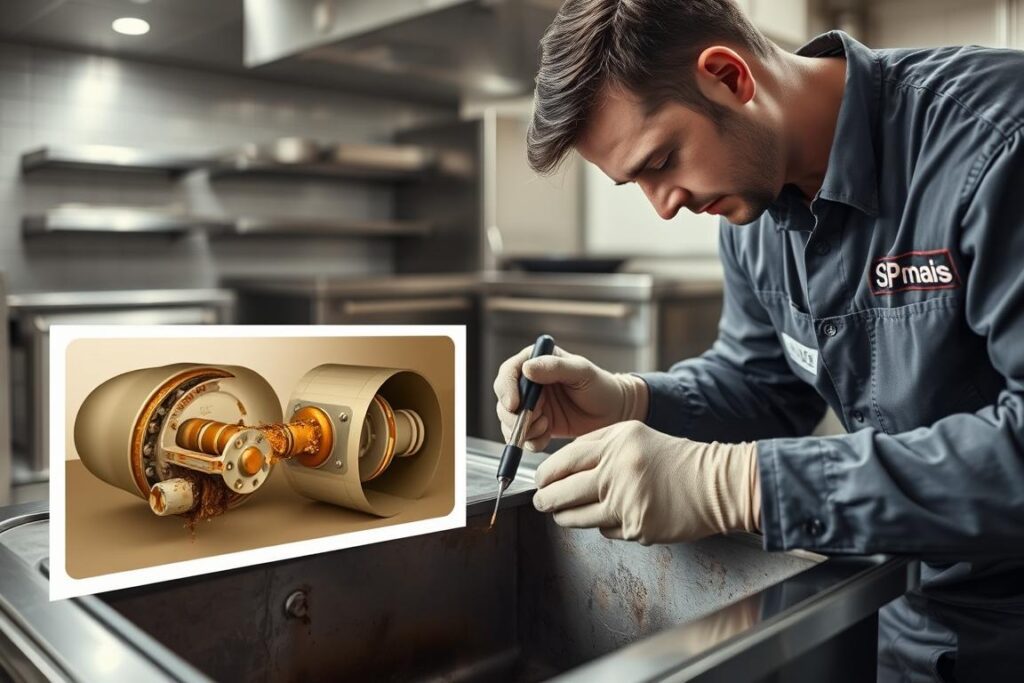 A well-lit scene depicting the preventive maintenance of a grease trap. In the foreground, a technician in a SPmais uniform inspects the grease trap, using specialized tools to remove built-up grease and debris. The middle ground shows the grease trap's internal components, with a cutaway view revealing the intricate mechanisms. In the background, the orderly workspace of a commercial kitchen is visible, with stainless steel appliances and tiled walls. Soft, even lighting illuminates the scene, conveying a sense of professionalism and attention to detail. The overall mood is one of proactive maintenance, ensuring the efficient and hygienic operation of the grease trap system. A well-lit scene depicting the preventive maintenance of a grease trap. In the foreground, a technician in a SPmais uniform inspects the grease trap, using specialized tools to remove built-up grease and debris. The middle ground shows the grease trap's internal components, with a cutaway view revealing the intricate mechanisms. In the background, the orderly workspace of a commercial kitchen is visible, with stainless steel appliances and tiled walls. Soft, even lighting illuminates the scene, conveying a sense of professionalism and attention to detail. The overall mood is one of proactive maintenance, ensuring the efficient and hygienic operation of the grease trap system.
