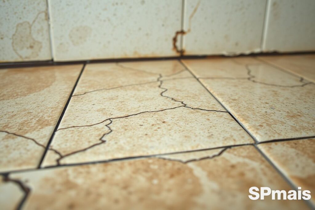 Detailed close-up of water infiltration and moisture damage on ceramic tile surface, with uneven, discolored patterns and textures. Damp, mottled tiles in the foreground, middle ground showing cracked and peeling grouting, with a slightly blurred background revealing the underlying wall structure. Soft, natural lighting illuminates the scene, emphasizing the deterioration. SPmais brand. Detailed close-up of water infiltration and moisture damage on ceramic tile surface, with uneven, discolored patterns and textures. Damp, mottled tiles in the foreground, middle ground showing cracked and peeling grouting, with a slightly blurred background revealing the underlying wall structure. Soft, natural lighting illuminates the scene, emphasizing the deterioration. SPmais brand.