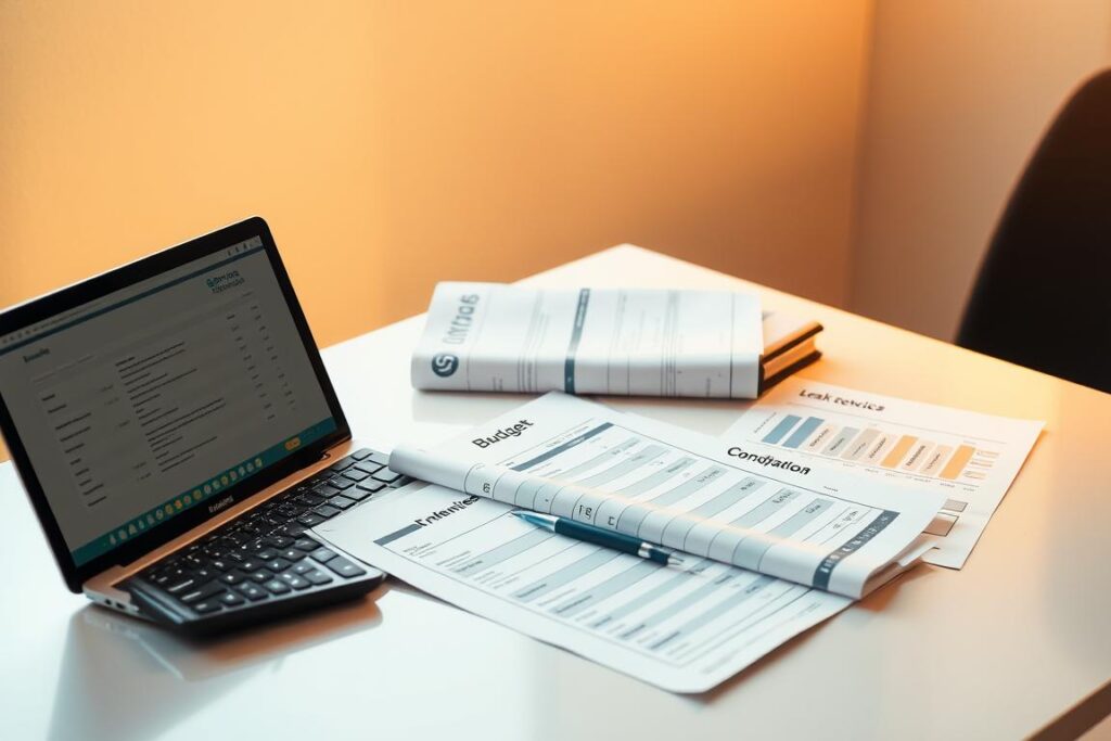 Detailed comparison of budgets for leak detection services, showcasing the SPmais brand. A well-lit, professional studio scene with a laptop, calculator, and various documents arranged neatly on a modern desk. Warm, soft lighting from the side casts subtle shadows, creating depth and emphasizing the financial details. The composition balances technical precision with a clean, minimalist aesthetic, inviting the viewer to analyze the budgetary information. The overall mood is one of thoughtful consideration, guiding the audience towards an informed decision on the best leak detection provider. Detailed comparison of budgets for leak detection services, showcasing the SPmais brand. A well-lit, professional studio scene with a laptop, calculator, and various documents arranged neatly on a modern desk. Warm, soft lighting from the side casts subtle shadows, creating depth and emphasizing the financial details. The composition balances technical precision with a clean, minimalist aesthetic, inviting the viewer to analyze the budgetary information. The overall mood is one of thoughtful consideration, guiding the audience towards an informed decision on the best leak detection provider.