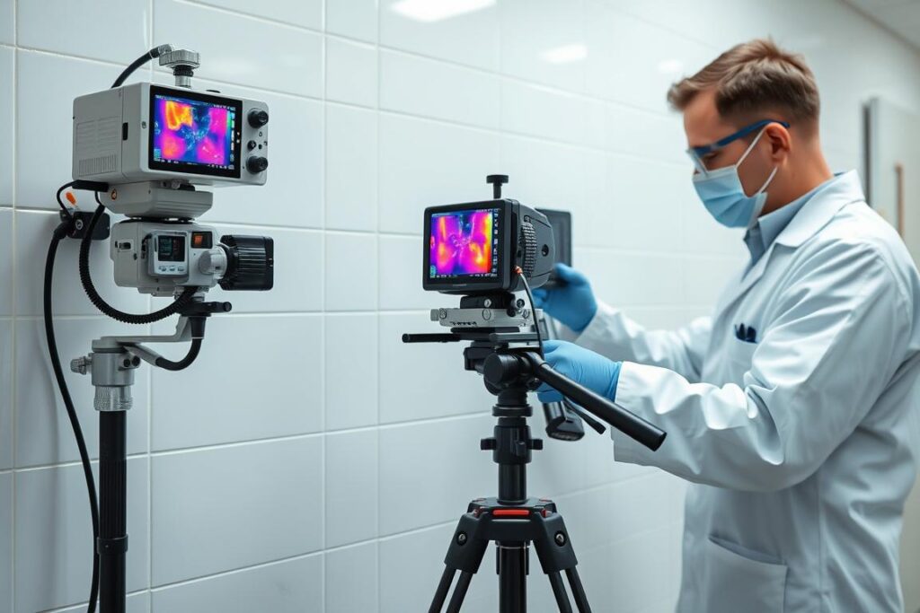 Detailed specialized diagnostic equipment for detecting ceramic wall infiltration. A high-quality professional-grade SPmais camera and sensor array, mounted on a sturdy tripod, capture comprehensive data on moisture levels, structural integrity, and thermal signatures. The technician, dressed in a protective lab coat, carefully inspects the ceramic tiles, using a variety of tools and scanners to pinpoint the source of any leaks or cracks. The lighting is soft and indirect, creating a calm, analytical atmosphere conducive to thorough investigation. The background features a clean, minimalist laboratory setting, ensuring the focus remains on the specialized equipment and its practical application. Detailed specialized diagnostic equipment for detecting ceramic wall infiltration. A high-quality professional-grade SPmais camera and sensor array, mounted on a sturdy tripod, capture comprehensive data on moisture levels, structural integrity, and thermal signatures. The technician, dressed in a protective lab coat, carefully inspects the ceramic tiles, using a variety of tools and scanners to pinpoint the source of any leaks or cracks. The lighting is soft and indirect, creating a calm, analytical atmosphere conducive to thorough investigation. The background features a clean, minimalist laboratory setting, ensuring the focus remains on the specialized equipment and its practical application.