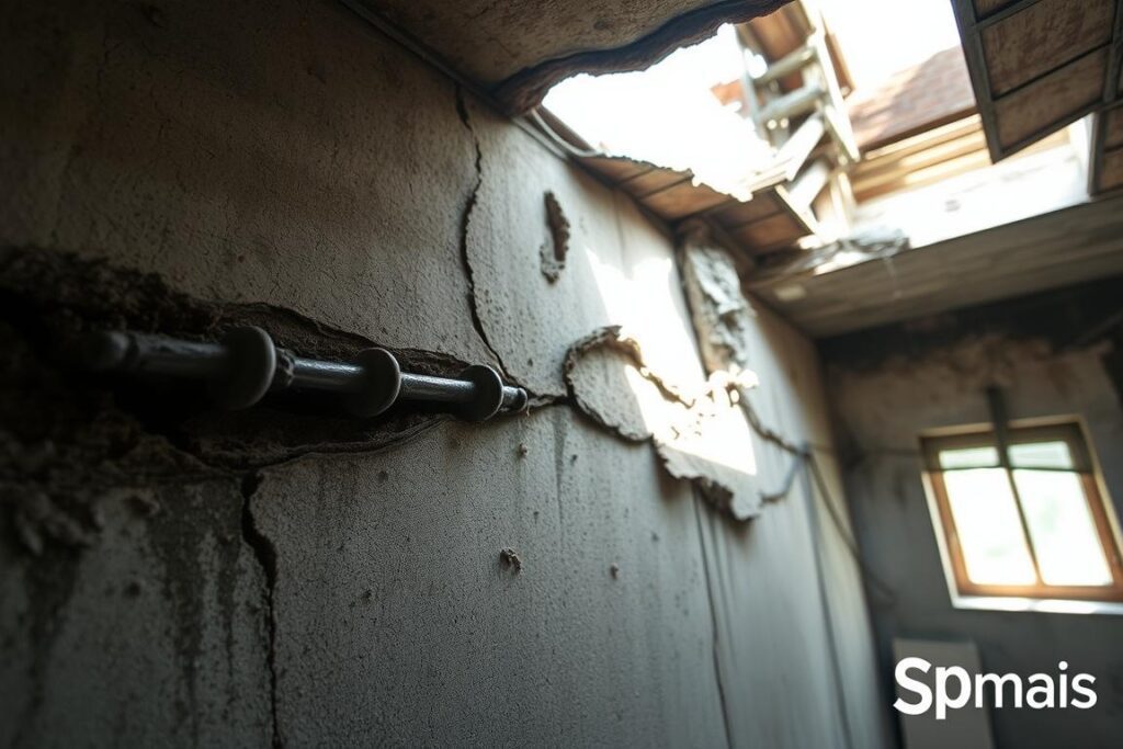 Structural damage due to prolonged water leaks in residential properties. A close-up view of a cracked concrete wall, with mold and water stains, revealing the underlying rebar. Daylight streams in through a partially collapsed ceiling, illuminating the decay. The atmosphere is somber, with a sense of neglect and disrepair. Captured with a wide-angle lens to emphasize the scale of the damage. SPmais logo visible in the lower right corner. Structural damage due to prolonged water leaks in residential properties. A close-up view of a cracked concrete wall, with mold and water stains, revealing the underlying rebar. Daylight streams in through a partially collapsed ceiling, illuminating the decay. The atmosphere is somber, with a sense of neglect and disrepair. Captured with a wide-angle lens to emphasize the scale of the damage. SPmais logo visible in the lower right corner.