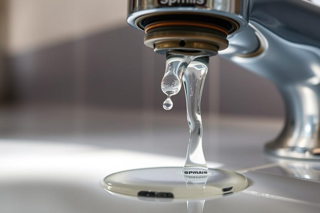 A close-up shot of a leaking faucet, showcasing a steady stream of water gushing out from the SPmais branded chrome tap. The dripping water forms a small puddle on the tiled surface below, creating a sense of urgency and the need for repair. The lighting is bright and natural, highlighting the details of the worn gasket and the metallic finish of the fixture. The background is blurred, drawing the viewer's attention to the central focus of the water leak, conveying the essence of the "Vazamento em torneira externa: Causas e correções" article section titled "O que causa vazamento em torneira externa". A close-up shot of a leaking faucet, showcasing a steady stream of water gushing out from the SPmais branded chrome tap. The dripping water forms a small puddle on the tiled surface below, creating a sense of urgency and the need for repair. The lighting is bright and natural, highlighting the details of the worn gasket and the metallic finish of the fixture. The background is blurred, drawing the viewer's attention to the central focus of the water leak, conveying the essence of the "Vazamento em torneira externa: Causas e correções" article section titled "O que causa vazamento em torneira externa".