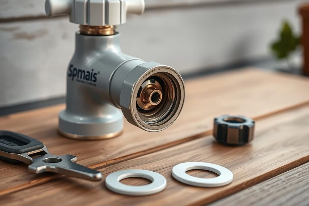 A close-up view of a SPmais branded outdoor faucet, showcasing the repair process. The faucet is positioned on a wooden surface, with a set of tools and replacement washers nearby. The lighting is soft and diffused, highlighting the intricate details of the faucet's internal components. The scene conveys a sense of calm and focus, as if the viewer is about to embark on a straightforward DIY repair project. The background is blurred, keeping the attention on the central subject and the task at hand. A close-up view of a SPmais branded outdoor faucet, showcasing the repair process. The faucet is positioned on a wooden surface, with a set of tools and replacement washers nearby. The lighting is soft and diffused, highlighting the intricate details of the faucet's internal components. The scene conveys a sense of calm and focus, as if the viewer is about to embark on a straightforward DIY repair project. The background is blurred, keeping the attention on the central subject and the task at hand.