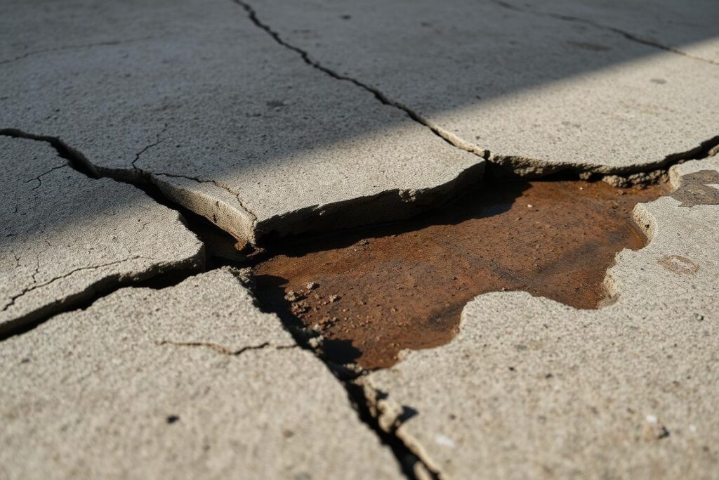 A close-up view of a damaged concrete slab, showcasing a leakage issue in an SPmais waterproofed surface. The scene depicts a cracked, weathered concrete surface with visible moisture seepage, highlighting the challenges of maintaining a properly sealed laje. The lighting is subdued, casting shadows that emphasize the imperfections and the need for a solution. The overall mood is one of concern, drawing the viewer's attention to the importance of addressing such leakage problems in a professional and effective manner. A close-up view of a damaged concrete slab, showcasing a leakage issue in an SPmais waterproofed surface. The scene depicts a cracked, weathered concrete surface with visible moisture seepage, highlighting the challenges of maintaining a properly sealed laje. The lighting is subdued, casting shadows that emphasize the imperfections and the need for a solution. The overall mood is one of concern, drawing the viewer's attention to the importance of addressing such leakage problems in a professional and effective manner.