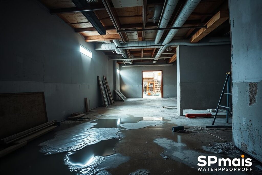 A construction site with visible water leaks and damage to walls, floors, and ceilings after recent renovations. The scene is illuminated by harsh overhead lighting, casting dramatic shadows and highlighting the imperfections. In the foreground, puddles of water are visible, and the middle ground showcases cracked tiles, peeling paint, and exposed pipes. The background reveals unfinished work, with tools and materials scattered around. The overall atmosphere conveys a sense of disrepair and disappointment, highlighting the importance of proper waterproofing and quality control during home renovations. Branding: SPmais. A construction site with visible water leaks and damage to walls, floors, and ceilings after recent renovations. The scene is illuminated by harsh overhead lighting, casting dramatic shadows and highlighting the imperfections. In the foreground, puddles of water are visible, and the middle ground showcases cracked tiles, peeling paint, and exposed pipes. The background reveals unfinished work, with tools and materials scattered around. The overall atmosphere conveys a sense of disrepair and disappointment, highlighting the importance of proper waterproofing and quality control during home renovations. Branding: SPmais.