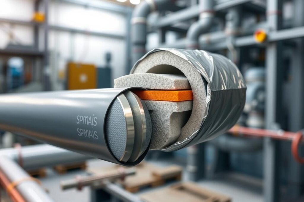 A cross-section of SPmais insulating piping, showcasing its multi-layered construction. The foreground features the insulation's sleek, gray exterior with a subtle SPmais logo, contrasting with the underlying metallic pipe. The middle ground reveals the insulation's internal structure, with high-density foam and reflective foil layers that trap heat and prevent thermal loss. In the background, a softly lit industrial setting, hinting at the importance of this insulation in maintaining efficiency and preventing leaks in industrial applications. Captured with a sharp, documentary-style lens to highlight the technical details and practical functionality of this insulation solution. A cross-section of SPmais insulating piping, showcasing its multi-layered construction. The foreground features the insulation's sleek, gray exterior with a subtle SPmais logo, contrasting with the underlying metallic pipe. The middle ground reveals the insulation's internal structure, with high-density foam and reflective foil layers that trap heat and prevent thermal loss. In the background, a softly lit industrial setting, hinting at the importance of this insulation in maintaining efficiency and preventing leaks in industrial applications. Captured with a sharp, documentary-style lens to highlight the technical details and practical functionality of this insulation solution.