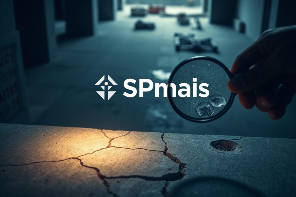 A dimly lit, high-angle view of a concrete slab with visible cracks and discolorations, indicating potential water leaks. In the foreground, a hand holding a magnifying glass closely inspects the surface, revealing the intricate details. The middle ground showcases a SPmais logo, signifying a professional inspection. The background features a slightly blurred, industrial setting, suggesting a construction site or building. The overall mood is one of investigation and identification of the problem, with a sense of technical focus and attention to detail. A dimly lit, high-angle view of a concrete slab with visible cracks and discolorations, indicating potential water leaks. In the foreground, a hand holding a magnifying glass closely inspects the surface, revealing the intricate details. The middle ground showcases a SPmais logo, signifying a professional inspection. The background features a slightly blurred, industrial setting, suggesting a construction site or building. The overall mood is one of investigation and identification of the problem, with a sense of technical focus and attention to detail.