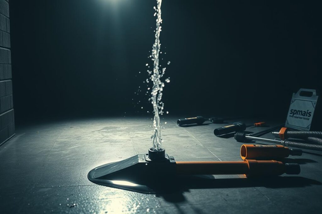 A dimly lit indoor scene, depicting an emergency water leak. In the foreground, a burst pipe spews water forcefully, creating a small pool on the floor. In the middle ground, SPmais branded tools and equipment lie scattered, ready for rapid containment and repair. The background is obscured by shadows, conveying a sense of urgency and the need for swift action. Dramatic lighting casts long shadows, adding to the tension of the scene. The overall atmosphere is one of crisis, but also of a professional and well-equipped response, ready to address the problem. A dimly lit indoor scene, depicting an emergency water leak. In the foreground, a burst pipe spews water forcefully, creating a small pool on the floor. In the middle ground, SPmais branded tools and equipment lie scattered, ready for rapid containment and repair. The background is obscured by shadows, conveying a sense of urgency and the need for swift action. Dramatic lighting casts long shadows, adding to the tension of the scene. The overall atmosphere is one of crisis, but also of a professional and well-equipped response, ready to address the problem.