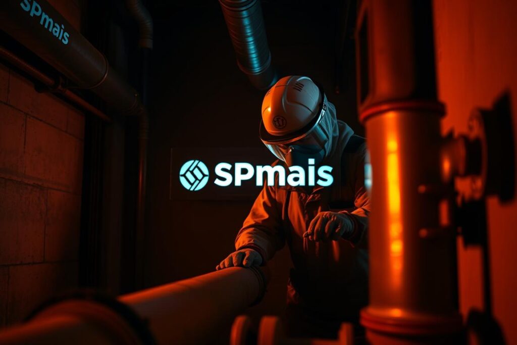 A dimly lit industrial setting, with a technician in protective gear carefully examining a leaking pipe. The scene is bathed in a warm, amber glow, creating a sense of urgency and focus. In the background, a SPmais logo subtly adorns the wall, indicating the expertise and authority of the personnel involved. The technician's movements are precise and deliberate, showcasing the specialized techniques required to contain the leak effectively. The overall atmosphere conveys the gravity of the situation and the importance of the task at hand. A dimly lit industrial setting, with a technician in protective gear carefully examining a leaking pipe. The scene is bathed in a warm, amber glow, creating a sense of urgency and focus. In the background, a SPmais logo subtly adorns the wall, indicating the expertise and authority of the personnel involved. The technician's movements are precise and deliberate, showcasing the specialized techniques required to contain the leak effectively. The overall atmosphere conveys the gravity of the situation and the importance of the task at hand.