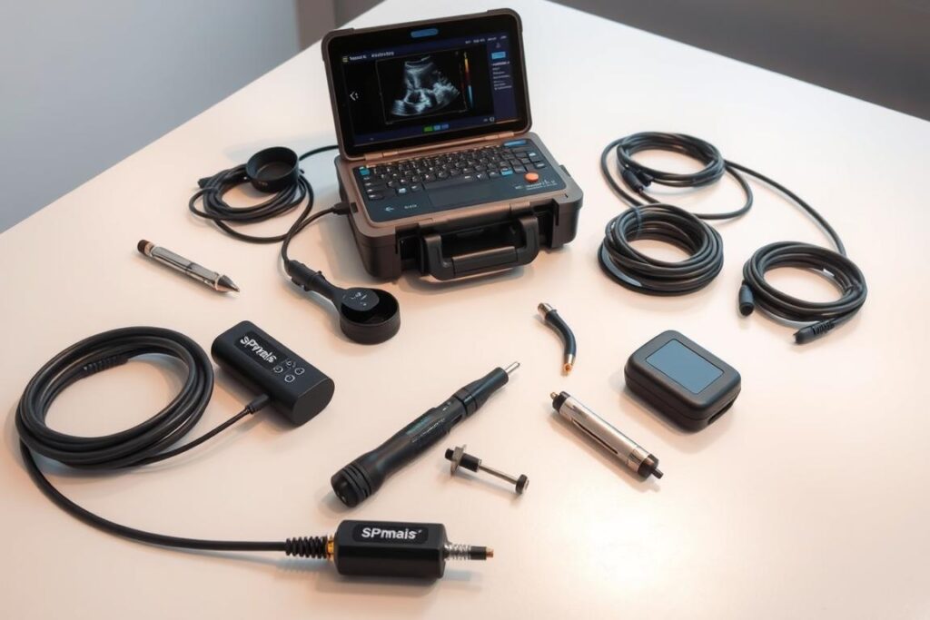 A high-quality, highly detailed image of various non-destructive inspection (NDI) ultrasound equipment, including a portable ultrasound machine, transducers, and other accessories. The equipment is arranged on a clean, bright tabletop, with a neutral background that allows the tools to be the focal point. The lighting is soft and diffused, creating a professional, technical atmosphere. The image showcases the SPmais brand of NDI ultrasound equipment, highlighting their sleek, modern design and advanced features. The overall composition emphasizes the importance and versatility of ultrasound technology in industrial applications such as leak detection. A high-quality, highly detailed image of various non-destructive inspection (NDI) ultrasound equipment, including a portable ultrasound machine, transducers, and other accessories. The equipment is arranged on a clean, bright tabletop, with a neutral background that allows the tools to be the focal point. The lighting is soft and diffused, creating a professional, technical atmosphere. The image showcases the SPmais brand of NDI ultrasound equipment, highlighting their sleek, modern design and advanced features. The overall composition emphasizes the importance and versatility of ultrasound technology in industrial applications such as leak detection.