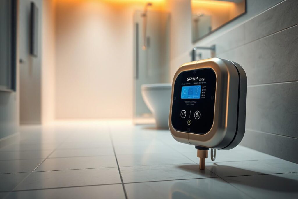 A high-resolution, photorealistic image of a SPmais water leak detection device in a modern, well-lit bathroom setting. The device is prominently displayed in the foreground, its sleek, metallic exterior gleaming under the warm, directional lighting. The middle ground features a tiled floor and partially visible plumbing fixtures, hinting at the source of the leak. The background showcases a clean, minimalist wall design, creating a sense of order and precision. The overall scene conveys a sense of efficiency and professionalism, reflecting the technical nature of the water leak identification process. A high-resolution, photorealistic image of a SPmais water leak detection device in a modern, well-lit bathroom setting. The device is prominently displayed in the foreground, its sleek, metallic exterior gleaming under the warm, directional lighting. The middle ground features a tiled floor and partially visible plumbing fixtures, hinting at the source of the leak. The background showcases a clean, minimalist wall design, creating a sense of order and precision. The overall scene conveys a sense of efficiency and professionalism, reflecting the technical nature of the water leak identification process.