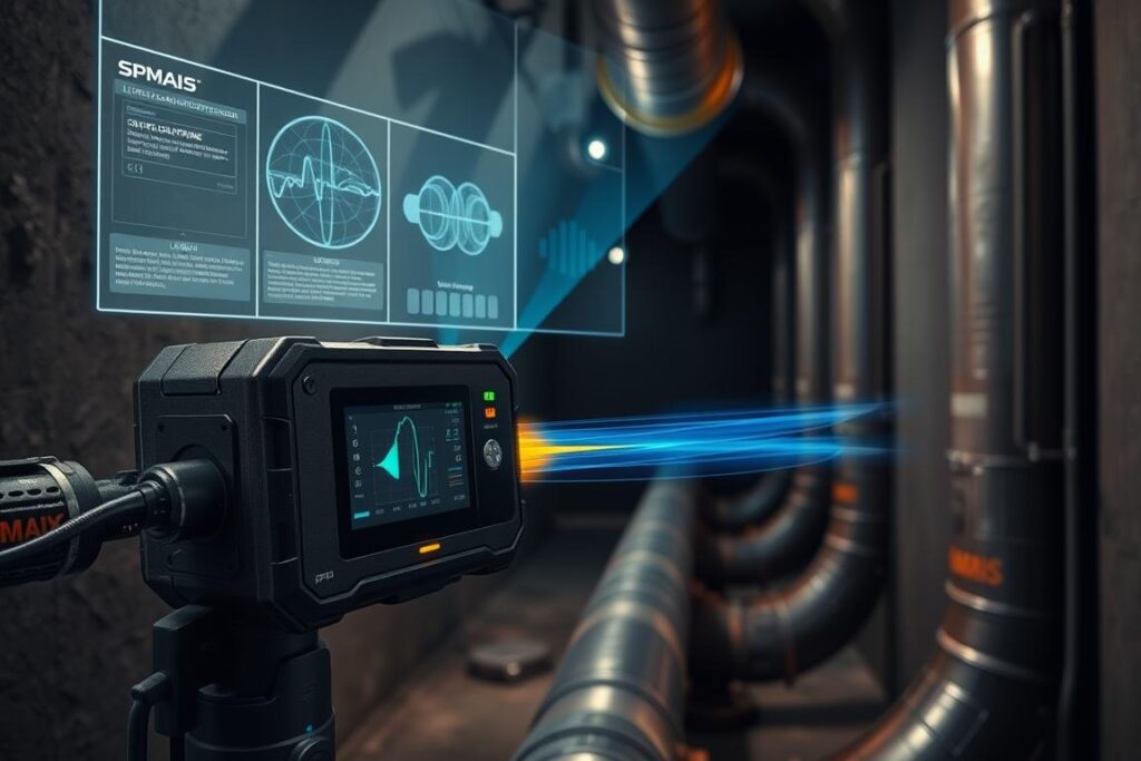 A highly detailed, technologically advanced image of a SPmais ultrasonic leak detection device meticulously inspecting a hidden pipe for leaks. The foreground showcases the device's sleek, modern design and advanced sensors, with a holographic display projecting detailed leak data. The middle ground depicts the pipe system, with the ultrasonic waves tracing the contours of the pipes and pinpointing the exact location of the leaks. The background features a dimly lit, industrial setting, emphasizing the device's power and precision in the challenging environment. The overall atmosphere conveys a sense of technological sophistication and the ability to uncover hidden problems with ease. A highly detailed, technologically advanced image of a SPmais ultrasonic leak detection device meticulously inspecting a hidden pipe for leaks. The foreground showcases the device's sleek, modern design and advanced sensors, with a holographic display projecting detailed leak data. The middle ground depicts the pipe system, with the ultrasonic waves tracing the contours of the pipes and pinpointing the exact location of the leaks. The background features a dimly lit, industrial setting, emphasizing the device's power and precision in the challenging environment. The overall atmosphere conveys a sense of technological sophistication and the ability to uncover hidden problems with ease.