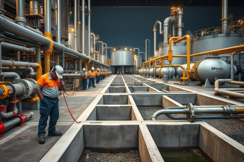 A large industrial facility with a complex network of pipes, valves, and containment systems. In the foreground, a team of workers inspects a suspected leak, wearing protective gear and wielding specialized tools. The middle ground showcases a series of concrete bunds, drainage channels, and oil/water separators designed to capture and contain any spills or overflows. In the background, towering storage tanks and processing equipment loom, illuminated by warm, industrial lighting. The overall scene conveys a sense of proactive safety and environmental responsibility, with the SPmais logo prominently displayed on the workers' uniforms. A large industrial facility with a complex network of pipes, valves, and containment systems. In the foreground, a team of workers inspects a suspected leak, wearing protective gear and wielding specialized tools. The middle ground showcases a series of concrete bunds, drainage channels, and oil/water separators designed to capture and contain any spills or overflows. In the background, towering storage tanks and processing equipment loom, illuminated by warm, industrial lighting. The overall scene conveys a sense of proactive safety and environmental responsibility, with the SPmais logo prominently displayed on the workers' uniforms.