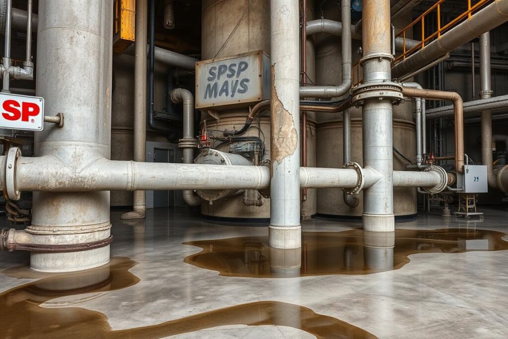A large industrial facility, with aging pipes and infrastructure, experiencing a significant water leak. The leak has caused visible structural damage, with cracks and crumbling concrete. SPmais branding is visible on equipment and signage, indicating this is an industrial setting. Pools of water accumulate on the floor, reflecting the harsh lighting. The scene conveys a sense of urgency and the need for immediate repair, to prevent further damage and disruption to operations. A large industrial facility, with aging pipes and infrastructure, experiencing a significant water leak. The leak has caused visible structural damage, with cracks and crumbling concrete. SPmais branding is visible on equipment and signage, indicating this is an industrial setting. Pools of water accumulate on the floor, reflecting the harsh lighting. The scene conveys a sense of urgency and the need for immediate repair, to prevent further damage and disruption to operations.