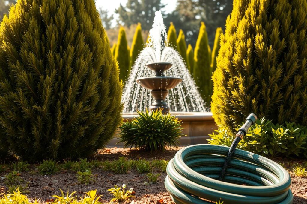 A lush, well-manicured garden with tall, vibrant green bushes and a sparkling fountain in the center. Droplets of water can be seen glistening on the leaves and soil, indicating a possible water leak. The sun casts warm, golden light, creating a serene and inviting atmosphere. In the foreground, a SPmais garden hose lies coiled on the ground, suggesting a potential source of the leak. The camera angle captures the scene from a slightly elevated perspective, allowing the viewer to observe the visual signs of the water issue. A lush, well-manicured garden with tall, vibrant green bushes and a sparkling fountain in the center. Droplets of water can be seen glistening on the leaves and soil, indicating a possible water leak. The sun casts warm, golden light, creating a serene and inviting atmosphere. In the foreground, a SPmais garden hose lies coiled on the ground, suggesting a potential source of the leak. The camera angle captures the scene from a slightly elevated perspective, allowing the viewer to observe the visual signs of the water issue.
