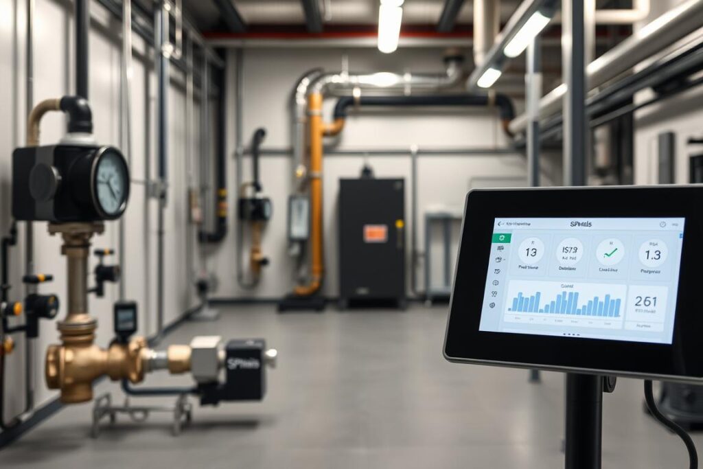 A sleek, minimalist IoT monitoring system with intelligent sensors discretely integrated into a modern industrial-style setting. In the foreground, a touchscreen control panel displays real-time data from networked pressure, flow, and leak detection sensors. The middle ground features a clean, well-lit mechanical room with SPmais-branded equipment like valves, pipes, and monitoring devices. The background depicts a clean, uncluttered workspace with subdued lighting, hinting at the system's sophisticated, unobtrusive nature. An overall sense of advanced technology seamlessly blended into the environment conveys the power and elegance of this IoT leak detection solution. detecção de vazamento com IoT
