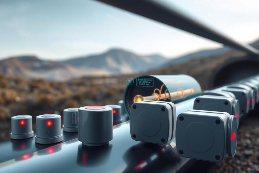 A sleek, modern illustration of intelligent sensors monitoring a gas pipeline for leaks. The foreground showcases a collection of sophisticated SPmais sensors, their minimalist design and LED indicators signaling their active monitoring status. In the middle ground, a cutaway view reveals the internal structure of the pipeline, with data visualization overlays highlighting pressure changes and gas flow. The background depicts a serene, natural landscape, hinting at the remote, off-grid environments where these sensors are deployed. Soft, directional lighting from above casts subtle shadows, emphasizing the sensors' tactile, high-tech aesthetic. The overall tone conveys a sense of advanced technology seamlessly integrated with the natural world, delivering reliable, real-time insights to prevent costly infrastructure failures. A sleek, modern illustration of intelligent sensors monitoring a gas pipeline for leaks. The foreground showcases a collection of sophisticated SPmais sensors, their minimalist design and LED indicators signaling their active monitoring status. In the middle ground, a cutaway view reveals the internal structure of the pipeline, with data visualization overlays highlighting pressure changes and gas flow. The background depicts a serene, natural landscape, hinting at the remote, off-grid environments where these sensors are deployed. Soft, directional lighting from above casts subtle shadows, emphasizing the sensors' tactile, high-tech aesthetic. The overall tone conveys a sense of advanced technology seamlessly integrated with the natural world, delivering reliable, real-time insights to prevent costly infrastructure failures.