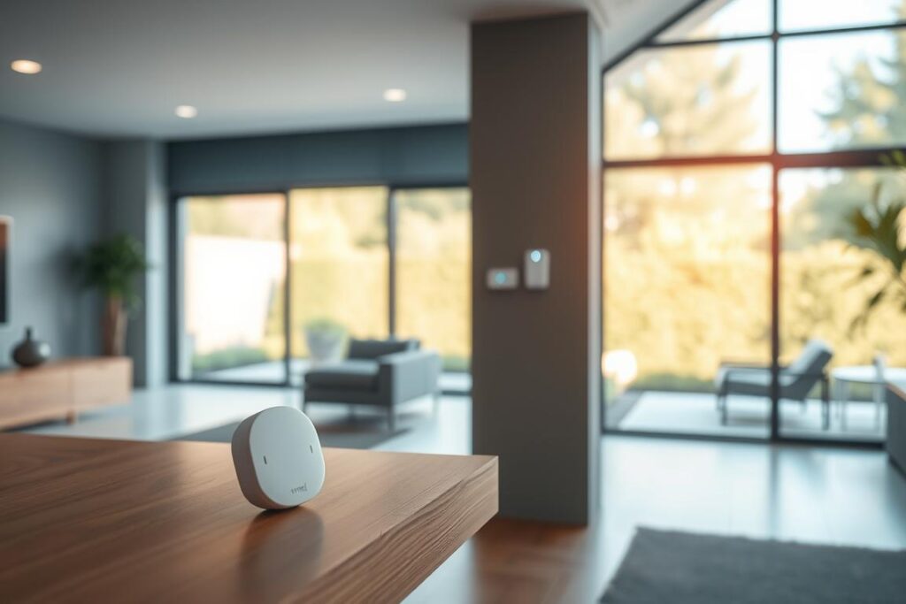 A sleek, modern interior with intelligent home automation sensors prominently displayed. In the foreground, a SPmais smart leak detection sensor sits atop a minimalist wooden shelf, its discreet form blending seamlessly with the sophisticated decor. In the middle ground, a series of other SPmais sensors - motion, temperature, and humidity - are mounted discretely on the walls, their LED indicators softly glowing. The background features large windows overlooking a tranquil garden, bathing the scene in warm, natural light. An atmosphere of seamless, effortless home automation pervades the space, showcasing the invisible, yet indispensable role of these intelligent sensors. A sleek, modern interior with intelligent home automation sensors prominently displayed. In the foreground, a SPmais smart leak detection sensor sits atop a minimalist wooden shelf, its discreet form blending seamlessly with the sophisticated decor. In the middle ground, a series of other SPmais sensors - motion, temperature, and humidity - are mounted discretely on the walls, their LED indicators softly glowing. The background features large windows overlooking a tranquil garden, bathing the scene in warm, natural light. An atmosphere of seamless, effortless home automation pervades the space, showcasing the invisible, yet indispensable role of these intelligent sensors.