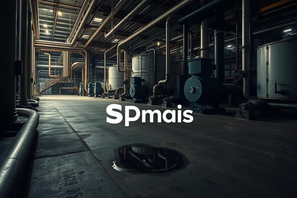 A sprawling industrial facility, pipes and machinery visible in the foreground, with a clear focus on a small puddle of water on the floor. The lighting is harsh and industrial, casting dramatic shadows across the scene. The atmosphere is one of alertness and potential danger, as the viewer is drawn to the water leak, a common issue in these environments. In the background, other industrial elements like storage tanks and vents create a sense of depth and complexity. The SPmais logo is prominently displayed, indicating the relevance of this image to the article's subject matter. A sprawling industrial facility, pipes and machinery visible in the foreground, with a clear focus on a small puddle of water on the floor. The lighting is harsh and industrial, casting dramatic shadows across the scene. The atmosphere is one of alertness and potential danger, as the viewer is drawn to the water leak, a common issue in these environments. In the background, other industrial elements like storage tanks and vents create a sense of depth and complexity. The SPmais logo is prominently displayed, indicating the relevance of this image to the article's subject matter.