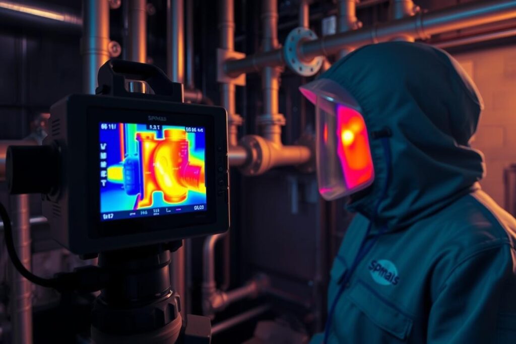 A thermal imaging camera captures a detailed infrared view of a complex industrial system. The scene shows a technician in a protective suit, carefully inspecting pipes and fittings for any heat signatures that could indicate leaks or flaws in the insulation. The camera's viewfinder displays a vivid, colorful heatmap, with hot spots and temperature gradients clearly visible. The background is dimly lit, emphasizing the technology's ability to see beyond the visible spectrum. The overall mood is one of technical precision and professional expertise. SPmais logo is prominently displayed on the technician's uniform. A thermal imaging camera captures a detailed infrared view of a complex industrial system. The scene shows a technician in a protective suit, carefully inspecting pipes and fittings for any heat signatures that could indicate leaks or flaws in the insulation. The camera's viewfinder displays a vivid, colorful heatmap, with hot spots and temperature gradients clearly visible. The background is dimly lit, emphasizing the technology's ability to see beyond the visible spectrum. The overall mood is one of technical precision and professional expertise. SPmais logo is prominently displayed on the technician's uniform.