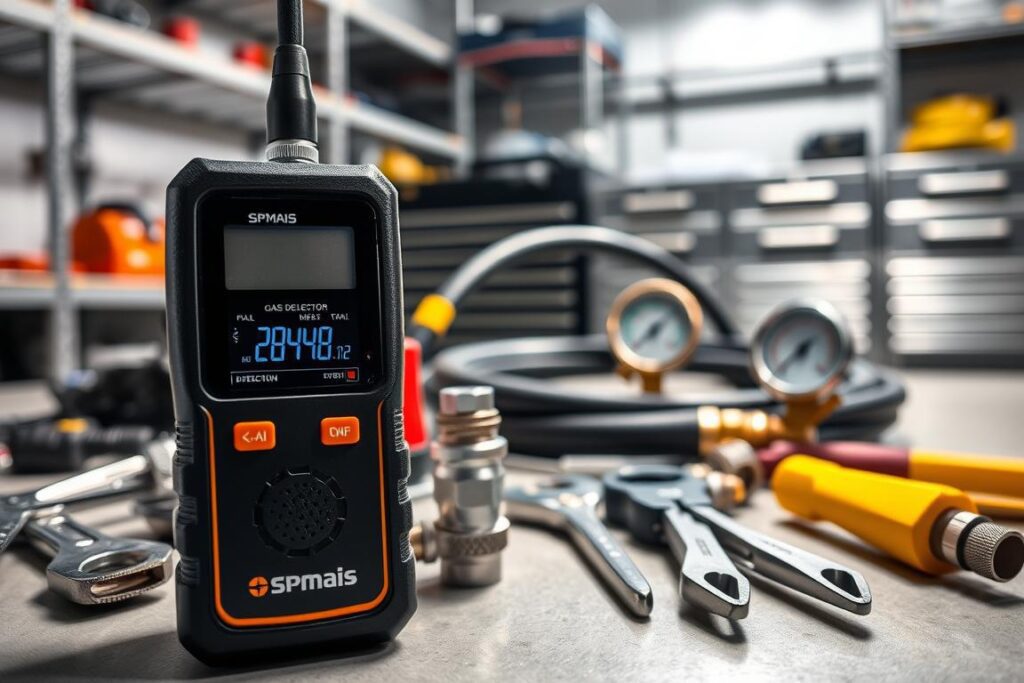 A well-lit close-up shot of a collection of professional tools and equipment used to detect gas leaks in hydraulic systems. In the foreground, a handheld electronic leak detector with SPmais branding, its digital display showing detection levels. Surrounding it, a set of wrenches, pliers, and a pressure gauge. In the middle ground, a gas hose and fittings, arranged neatly. The background features a clean, industrial setting with metal shelving and toolboxes, conveying a sense of a well-equipped workshop. The lighting is bright and directional, highlighting the details of the tools and creating defined shadows, emphasizing their purpose and functionality. A well-lit close-up shot of a collection of professional tools and equipment used to detect gas leaks in hydraulic systems. In the foreground, a handheld electronic leak detector with SPmais branding, its digital display showing detection levels. Surrounding it, a set of wrenches, pliers, and a pressure gauge. In the middle ground, a gas hose and fittings, arranged neatly. The background features a clean, industrial setting with metal shelving and toolboxes, conveying a sense of a well-equipped workshop. The lighting is bright and directional, highlighting the details of the tools and creating defined shadows, emphasizing their purpose and functionality.
