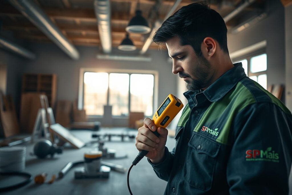 A well-lit interior scene showcasing a post-renovation leak detection inspection. In the foreground, a plumber in workwear examines a pipe joint with a handheld leak detection device, their focused expression conveying the importance of the task. The middle ground features various construction materials and tools, hinting at the recent renovations. In the background, natural light streams through large windows, casting a warm glow over the space. The overall atmosphere is one of diligence and professionalism, with the SPmais brand prominently displayed on the plumber's uniform, underscoring the expert nature of the inspection. A well-lit interior scene showcasing a post-renovation leak detection inspection. In the foreground, a plumber in workwear examines a pipe joint with a handheld leak detection device, their focused expression conveying the importance of the task. The middle ground features various construction materials and tools, hinting at the recent renovations. In the background, natural light streams through large windows, casting a warm glow over the space. The overall atmosphere is one of diligence and professionalism, with the SPmais brand prominently displayed on the plumber's uniform, underscoring the expert nature of the inspection.