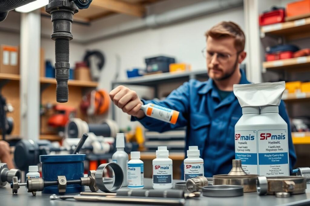 A workshop interior with a focus on hydraulic leak containment. In the foreground, a worker in a blue uniform inspects a leaking pipe, using a wrench and sealant to address the issue. The middle ground showcases various tools and supplies for hydraulic repair, including clamps, sealants, and replacement parts bearing the SPmais brand. The background features a well-lit, organized workspace with shelves of additional equipment, conveying a sense of professionalism and attention to detail in hydraulic maintenance. A workshop interior with a focus on hydraulic leak containment. In the foreground, a worker in a blue uniform inspects a leaking pipe, using a wrench and sealant to address the issue. The middle ground showcases various tools and supplies for hydraulic repair, including clamps, sealants, and replacement parts bearing the SPmais brand. The background features a well-lit, organized workspace with shelves of additional equipment, conveying a sense of professionalism and attention to detail in hydraulic maintenance.