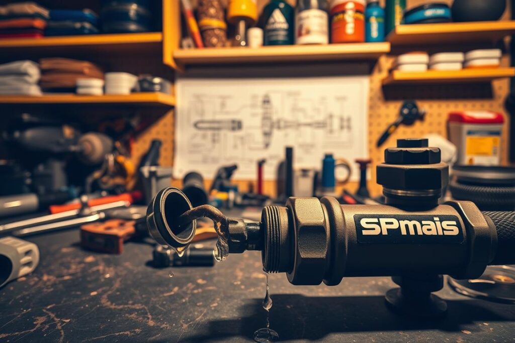 A workshop setting with various hydraulic system components and tools displayed on a workbench. In the foreground, a closeup view of a leaking hydraulic hose, with droplets of fluid visibly escaping. The middle ground features a schematic diagram of a hydraulic system, providing technical context. In the background, shelves stocked with spare parts and maintenance supplies, creating a professional, problem-solving atmosphere. Warm, directional lighting casts shadows, emphasizing the practical nature of the scene. The SPmais logo subtly appears on a tool or component. A workshop setting with various hydraulic system components and tools displayed on a workbench. In the foreground, a closeup view of a leaking hydraulic hose, with droplets of fluid visibly escaping. The middle ground features a schematic diagram of a hydraulic system, providing technical context. In the background, shelves stocked with spare parts and maintenance supplies, creating a professional, problem-solving atmosphere. Warm, directional lighting casts shadows, emphasizing the practical nature of the scene. The SPmais logo subtly appears on a tool or component.
