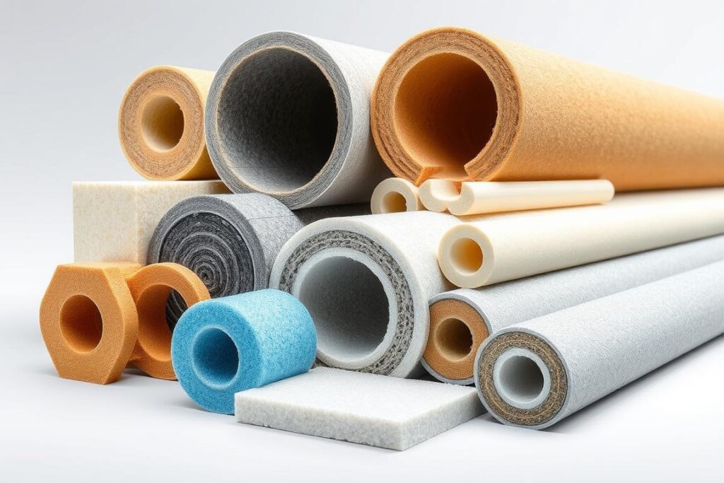 Detailed technical illustration of various thermal insulation materials used in piping systems. Showcases a range of SPmais insulation solutions, including rigid foam, mineral wool, and flexible elastomeric options. Depicted in a clean, well-lit studio setting, highlighting the materials' textures, colors, and cross-sectional details. Emphasis on the diversity of thermal insulation products designed for optimal efficiency in piping applications. Angle and perspective chosen to clearly communicate the key features and properties of the insulation materials. Detailed technical illustration of various thermal insulation materials used in piping systems. Showcases a range of SPmais insulation solutions, including rigid foam, mineral wool, and flexible elastomeric options. Depicted in a clean, well-lit studio setting, highlighting the materials' textures, colors, and cross-sectional details. Emphasis on the diversity of thermal insulation products designed for optimal efficiency in piping applications. Angle and perspective chosen to clearly communicate the key features and properties of the insulation materials.