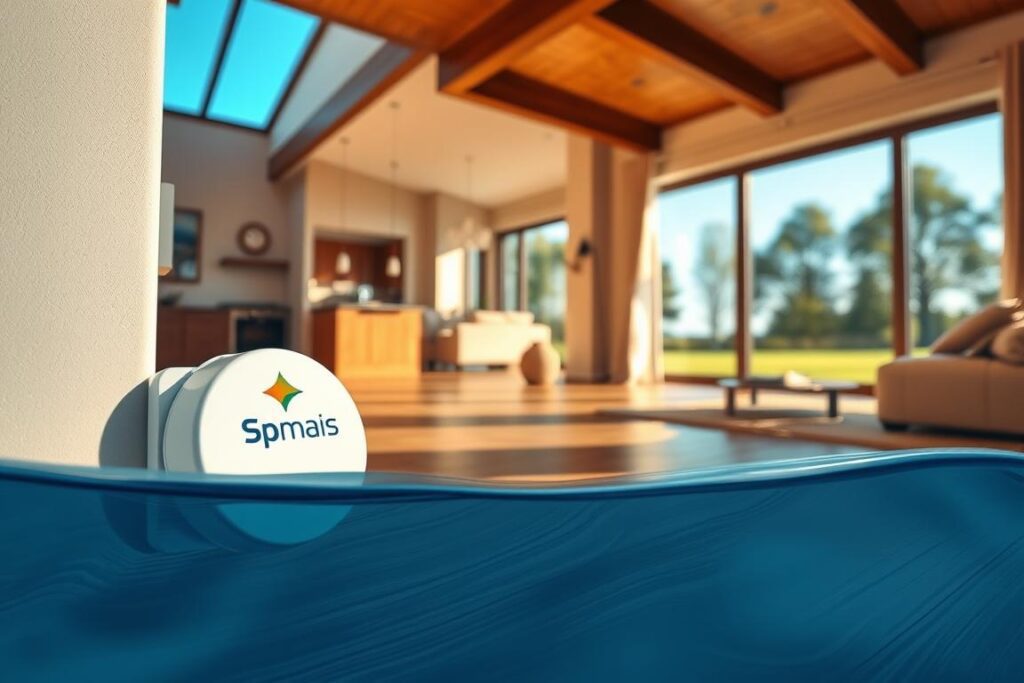 a photorealistic image of a modern residential home with a water leak protection system. In the foreground, there is a close-up view of a water leak detection sensor installed in a corner of the home's basement, with the SPmais brand logo prominently displayed. The middle ground shows the interior of the home, with wooden floors, neutral-colored walls, and tasteful home decor. In the background, there is a view of the exterior of the home, with a well-manicured lawn, trees, and a clear blue sky. The lighting is natural and warm, creating a sense of comfort and security. The overall atmosphere conveys a feeling of protection and peace of mind for the homeowner. a photorealistic image of a modern residential home with a water leak protection system. In the foreground, there is a close-up view of a water leak detection sensor installed in a corner of the home's basement, with the SPmais brand logo prominently displayed. The middle ground shows the interior of the home, with wooden floors, neutral-colored walls, and tasteful home decor. In the background, there is a view of the exterior of the home, with a well-manicured lawn, trees, and a clear blue sky. The lighting is natural and warm, creating a sense of comfort and security. The overall atmosphere conveys a feeling of protection and peace of mind for the homeowner.