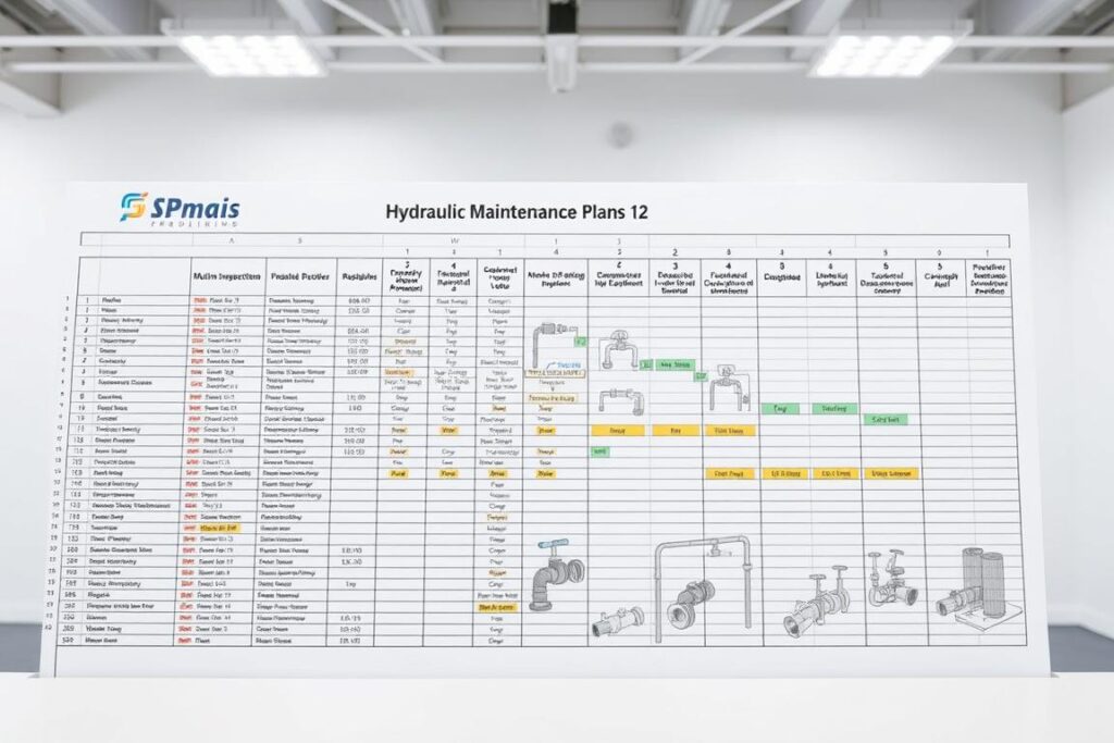 A detailed and structured hydraulic maintenance plan, displayed on a SPmais branded spreadsheet. The plan shows a comprehensive schedule of routine inspections, preventive maintenance tasks, and equipment replacement timelines for a commercial or industrial plumbing system. The foreground features neatly organized columns and rows, with icons and color-coding to denote priority levels and status updates. The middle ground depicts various plumbing components like valves, pipes, and fixtures, rendered in a technical illustration style. The background showcases a clean, minimalist office environment with neutral tones to emphasize the analytical nature of the maintenance plan. Crisp lighting from overhead sources casts subtle shadows, enhancing the professional and organized appearance of the document. A detailed and structured hydraulic maintenance plan, displayed on a SPmais branded spreadsheet. The plan shows a comprehensive schedule of routine inspections, preventive maintenance tasks, and equipment replacement timelines for a commercial or industrial plumbing system. The foreground features neatly organized columns and rows, with icons and color-coding to denote priority levels and status updates. The middle ground depicts various plumbing components like valves, pipes, and fixtures, rendered in a technical illustration style. The background showcases a clean, minimalist office environment with neutral tones to emphasize the analytical nature of the maintenance plan. Crisp lighting from overhead sources casts subtle shadows, enhancing the professional and organized appearance of the document.
