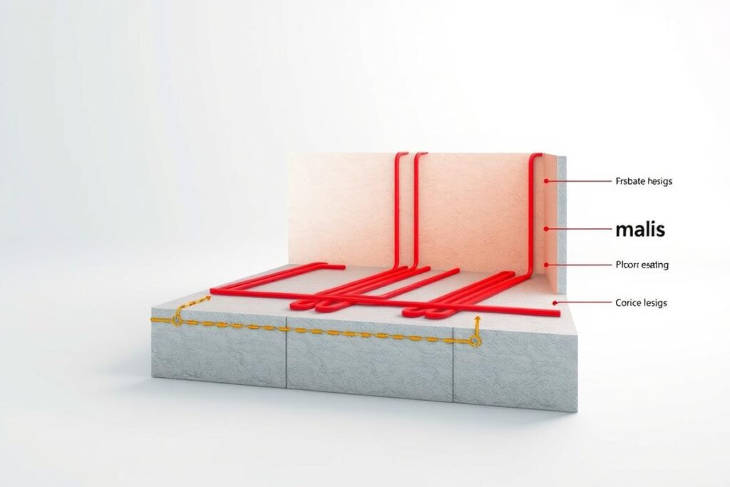 A detailed diagram of a radiant floor heating system, showcased in a technical, schematic style. The scene depicts the various components in cross-section, including the heating pipes, insulation, and concrete slab. The system is labeled "SPmais" in a clean, modern font. The lighting is crisp and directional, emphasizing the intricate engineering of the design. The overall atmosphere is one of precision and functionality, suitable for illustrating the technical aspects of a radiant floor heating system. A detailed diagram of a radiant floor heating system, showcased in a technical, schematic style. The scene depicts the various components in cross-section, including the heating pipes, insulation, and concrete slab. The system is labeled "SPmais" in a clean, modern font. The lighting is crisp and directional, emphasizing the intricate engineering of the design. The overall atmosphere is one of precision and functionality, suitable for illustrating the technical aspects of a radiant floor heating system.