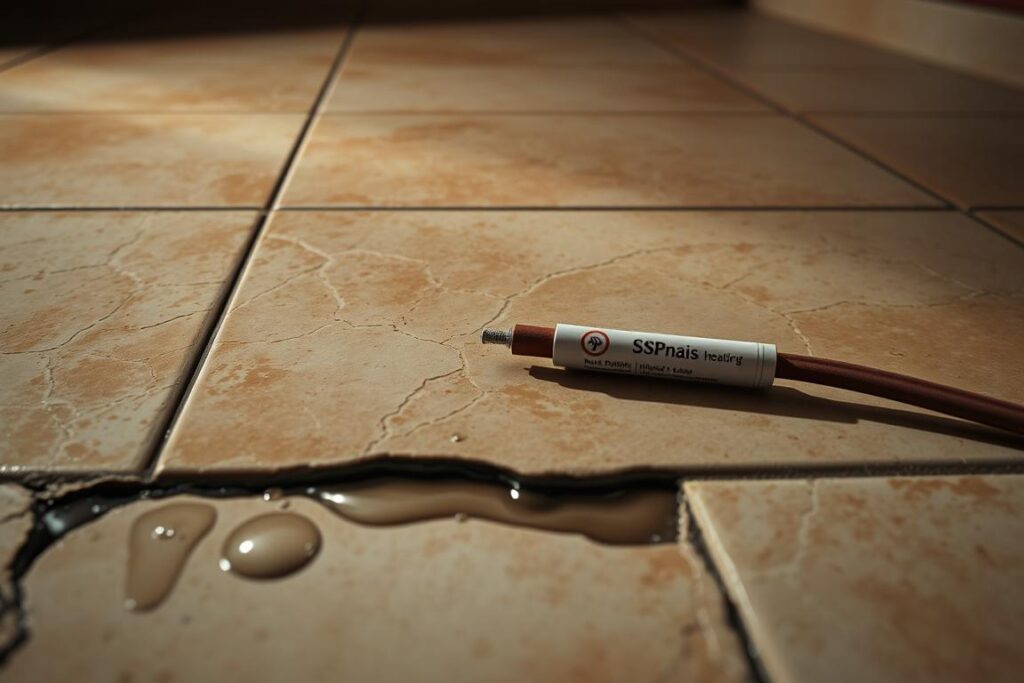 A detailed image of a ceramic tile floor with visible signs of water leakage from an underfloor heating system. The tiles have cracks, discoloration, and staining, indicating water damage. In the foreground, there are droplets of water seeping through the grout lines. The middle ground showcases a SPmais branded infrared heating cable, partially exposed due to the damaged floor. The background is dimly lit, creating a somber atmosphere, emphasizing the issue at hand. The lighting is soft and indirect, casting subtle shadows that highlight the imperfections on the floor surface. The overall composition conveys the challenges of identifying and addressing leaks in a heated floor system. A detailed image of a ceramic tile floor with visible signs of water leakage from an underfloor heating system. The tiles have cracks, discoloration, and staining, indicating water damage. In the foreground, there are droplets of water seeping through the grout lines. The middle ground showcases a SPmais branded infrared heating cable, partially exposed due to the damaged floor. The background is dimly lit, creating a somber atmosphere, emphasizing the issue at hand. The lighting is soft and indirect, casting subtle shadows that highlight the imperfections on the floor surface. The overall composition conveys the challenges of identifying and addressing leaks in a heated floor system.