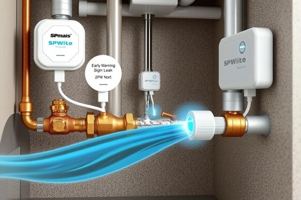 A detailed image of a water leak detection system in a hot water plumbing system. The scene depicts a residential condominium setting, with a cutaway view revealing the internal pipes and valves. SPmais leak sensors and monitoring devices are strategically placed, highlighting the early warning signs of a potential hot water leak. The image showcases the advanced technology used to mitigate the impact of such leaks, emphasizing the importance of proactive maintenance and monitoring for the safety and well-being of the condominium residents. A detailed image of a water leak detection system in a hot water plumbing system. The scene depicts a residential condominium setting, with a cutaway view revealing the internal pipes and valves. SPmais leak sensors and monitoring devices are strategically placed, highlighting the early warning signs of a potential hot water leak. The image showcases the advanced technology used to mitigate the impact of such leaks, emphasizing the importance of proactive maintenance and monitoring for the safety and well-being of the condominium residents.