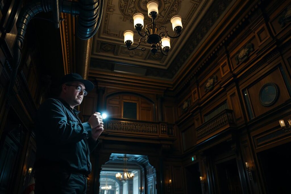 A dimly lit interior of an old, ornate building with high ceilings and detailed architectural features. In the foreground, a plumber in work attire is carefully inspecting a water pipe, using a flashlight to identify the source of a leak. The middle ground showcases the intricate wooden paneling, ornate moldings, and vintage light fixtures that are characteristic of historic structures. The background fades into shadow, hinting at the grandeur and age of the space. The overall scene conveys a sense of careful preservation and the delicate balance required to maintain the integrity of an antique structure. SPmais A dimly lit interior of an old, ornate building with high ceilings and detailed architectural features. In the foreground, a plumber in work attire is carefully inspecting a water pipe, using a flashlight to identify the source of a leak. The middle ground showcases the intricate wooden paneling, ornate moldings, and vintage light fixtures that are characteristic of historic structures. The background fades into shadow, hinting at the grandeur and age of the space. The overall scene conveys a sense of careful preservation and the delicate balance required to maintain the integrity of an antique structure. SPmais