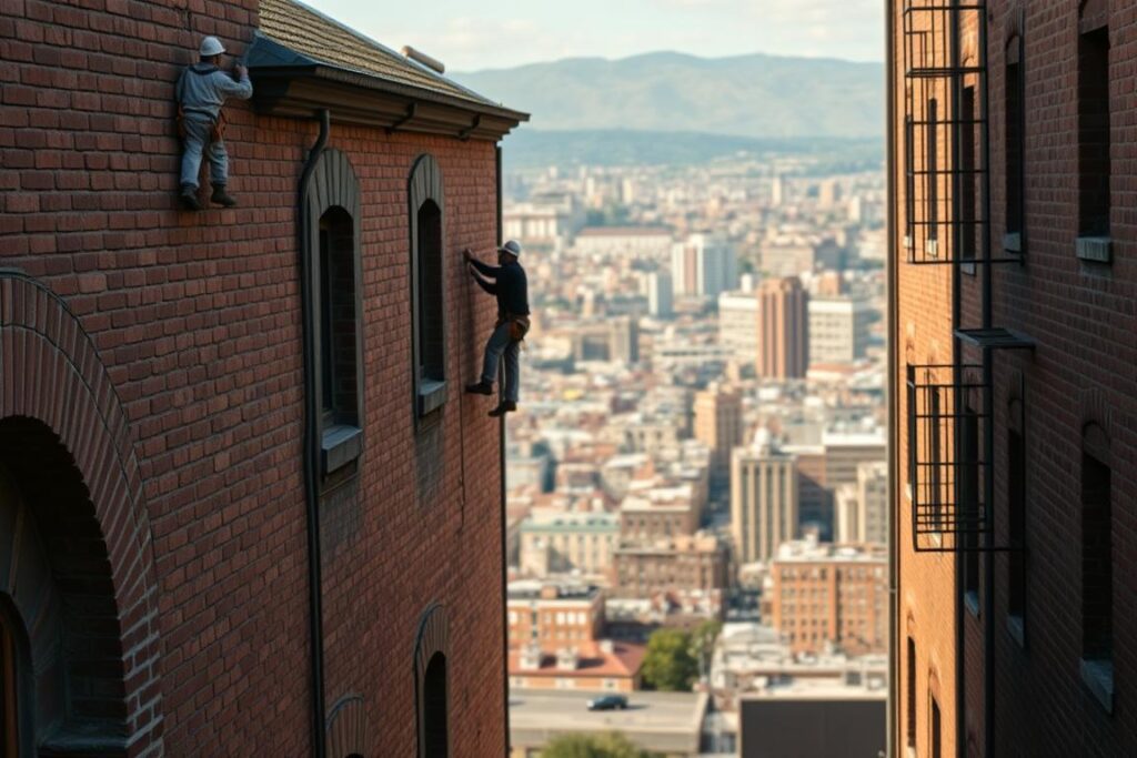 A historic building facade, weathered with age, stands majestically in the foreground. The brickwork is meticulously detailed, showcasing the skilled craftsmanship of a bygone era. SPmais contractors, using state-of-the-art techniques, carefully apply a waterproofing membrane to the walls, ensuring the structure's resilience against the elements. Warm, natural sunlight filters through, casting gentle shadows and highlighting the texture of the materials. In the background, a picturesque cityscape unfolds, hinting at the building's place within a vibrant urban landscape. The scene conveys a sense of reverence for historical preservation, balanced with modern, approved methods for safeguarding these architectural treasures. A historic building facade, weathered with age, stands majestically in the foreground. The brickwork is meticulously detailed, showcasing the skilled craftsmanship of a bygone era. SPmais contractors, using state-of-the-art techniques, carefully apply a waterproofing membrane to the walls, ensuring the structure's resilience against the elements. Warm, natural sunlight filters through, casting gentle shadows and highlighting the texture of the materials. In the background, a picturesque cityscape unfolds, hinting at the building's place within a vibrant urban landscape. The scene conveys a sense of reverence for historical preservation, balanced with modern, approved methods for safeguarding these architectural treasures.