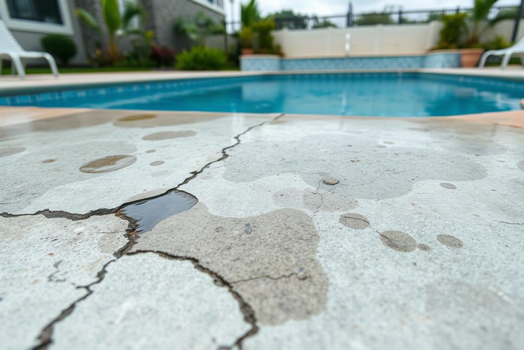 A swimming pool with visible signs of water infiltration and leakage. The foreground shows a close-up view of the pool's concrete surface, displaying cracks, stains, and areas of discoloration. The middle ground features a partially drained pool, exposing the depth of the infiltration issue. The background depicts the surrounding pool area, with landscaping elements such as plants, tiles, or decking to provide context. The lighting is natural, with a slightly overcast or hazy atmosphere to convey a sense of concern and the need for repair. The image is captured with a wide-angle lens to showcase the full scale of the infiltration problem. SPmais A swimming pool with visible signs of water infiltration and leakage. The foreground shows a close-up view of the pool's concrete surface, displaying cracks, stains, and areas of discoloration. The middle ground features a partially drained pool, exposing the depth of the infiltration issue. The background depicts the surrounding pool area, with landscaping elements such as plants, tiles, or decking to provide context. The lighting is natural, with a slightly overcast or hazy atmosphere to convey a sense of concern and the need for repair. The image is captured with a wide-angle lens to showcase the full scale of the infiltration problem. SPmais