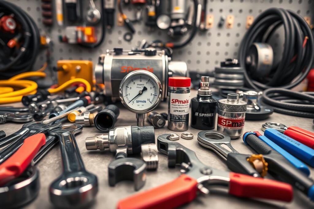 A well-lit, high-resolution photograph showcasing an assortment of hydraulic maintenance tools and equipment on a clean, organized workbench. In the foreground, a variety of wrenches, pliers, and specialized hydraulic fittings branded with the SPmais logo. In the middle ground, a hydraulic pressure gauge, hose clamps, and an oil filter. In the background, a hydraulic pump, hoses, and other critical components for a comprehensive hydraulic maintenance setup. The image conveys a sense of professionalism, attention to detail, and preparedness for preventive hydraulic system maintenance. A well-lit, high-resolution photograph showcasing an assortment of hydraulic maintenance tools and equipment on a clean, organized workbench. In the foreground, a variety of wrenches, pliers, and specialized hydraulic fittings branded with the SPmais logo. In the middle ground, a hydraulic pressure gauge, hose clamps, and an oil filter. In the background, a hydraulic pump, hoses, and other critical components for a comprehensive hydraulic maintenance setup. The image conveys a sense of professionalism, attention to detail, and preparedness for preventive hydraulic system maintenance.