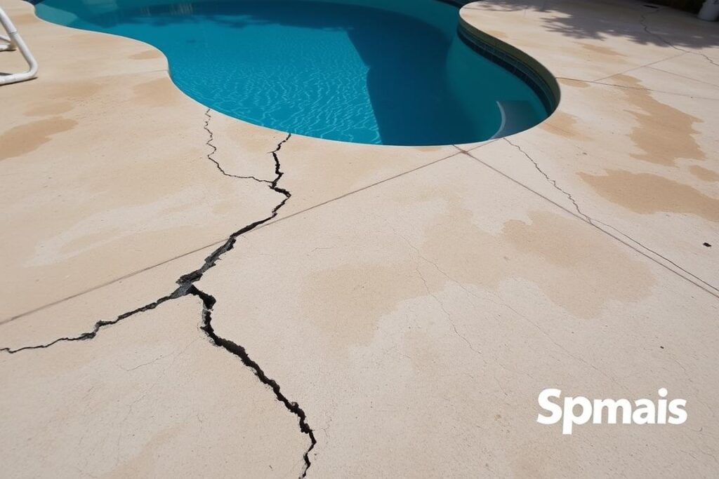 A well-lit image of a backyard swimming pool with visible signs of water leakage. The pool's surface shows cracks, discoloration, and uneven textures, indicating structural issues. The surrounding concrete deck is stained and crumbling, with possible moisture buildup. The SPmais brand logo is prominently featured in the bottom right corner. The overall scene conveys a sense of neglect and the need for professional pool maintenance and repair. A well-lit image of a backyard swimming pool with visible signs of water leakage. The pool's surface shows cracks, discoloration, and uneven textures, indicating structural issues. The surrounding concrete deck is stained and crumbling, with possible moisture buildup. The SPmais brand logo is prominently featured in the bottom right corner. The overall scene conveys a sense of neglect and the need for professional pool maintenance and repair.