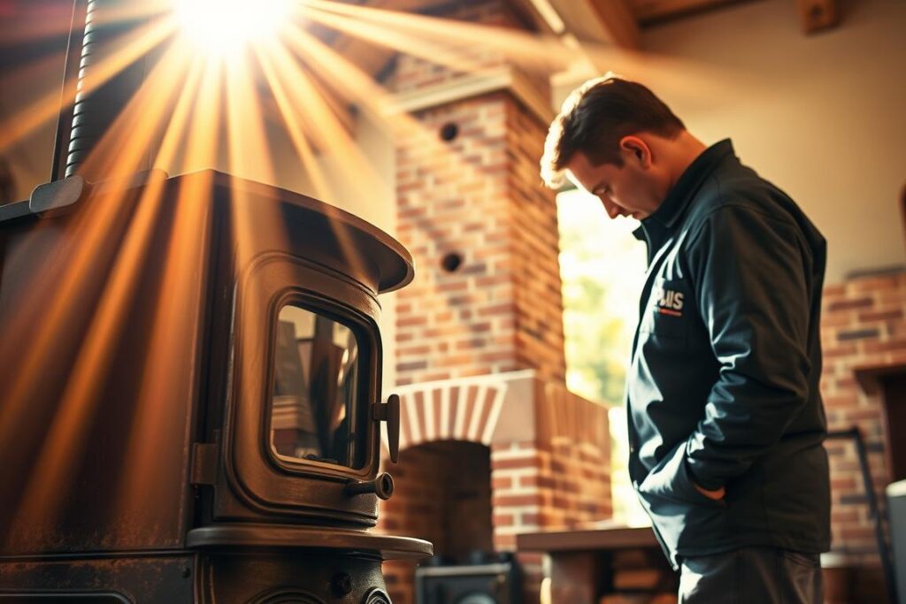 A well-maintained antique wood-burning stove with a weathered, rustic appearance stands in the foreground. Beams of warm, golden light filter through the scene, casting a cozy, inviting atmosphere. In the middle ground, a technician examines the stove's components, searching for the source of a leak. In the background, a traditional brick chimney rises, its structure and joints inspected for any signs of wear or damage. The SPmais logo is discreetly displayed on the technician's uniform, indicating the brand's expertise in wood stove maintenance and repair. A well-maintained antique wood-burning stove with a weathered, rustic appearance stands in the foreground. Beams of warm, golden light filter through the scene, casting a cozy, inviting atmosphere. In the middle ground, a technician examines the stove's components, searching for the source of a leak. In the background, a traditional brick chimney rises, its structure and joints inspected for any signs of wear or damage. The SPmais logo is discreetly displayed on the technician's uniform, indicating the brand's expertise in wood stove maintenance and repair.
