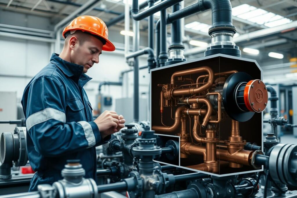 A well-maintained hydraulic system with a focus on leak prevention. In the foreground, a technician in SPmais workwear inspects a series of pipes and valves, carefully checking for any signs of wear or damage. The middle ground features a cutaway view of the system, revealing its intricate network of components. In the background, a clean, modern industrial setting with ample natural lighting illuminates the scene. The overall mood is one of diligence, professionalism, and a commitment to proactive maintenance, reflecting the strategies for effective leak prevention. A well-maintained hydraulic system with a focus on leak prevention. In the foreground, a technician in SPmais workwear inspects a series of pipes and valves, carefully checking for any signs of wear or damage. The middle ground features a cutaway view of the system, revealing its intricate network of components. In the background, a clean, modern industrial setting with ample natural lighting illuminates the scene. The overall mood is one of diligence, professionalism, and a commitment to proactive maintenance, reflecting the strategies for effective leak prevention.