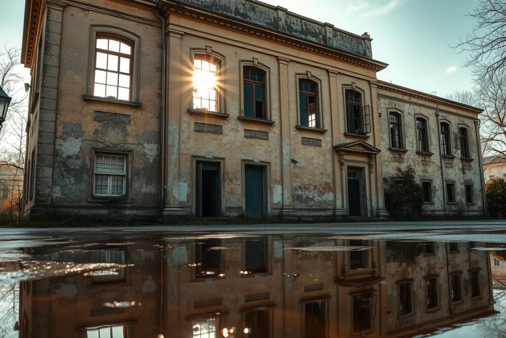 An imposing historic building, its weathered facade revealing the passage of time. Crumbling mortar and water-stained walls tell the story of neglect and decay. Sunlight filters through broken windows, casting an eerie glow on the scene. In the foreground, a puddle reflects the building's distressed condition, a visual metaphor for the challenges of preserving such structures. The atmosphere is one of quiet melancholy, a reminder of the delicate balance between progress and preservation. SPmais An imposing historic building, its weathered facade revealing the passage of time. Crumbling mortar and water-stained walls tell the story of neglect and decay. Sunlight filters through broken windows, casting an eerie glow on the scene. In the foreground, a puddle reflects the building's distressed condition, a visual metaphor for the challenges of preserving such structures. The atmosphere is one of quiet melancholy, a reminder of the delicate balance between progress and preservation. SPmais