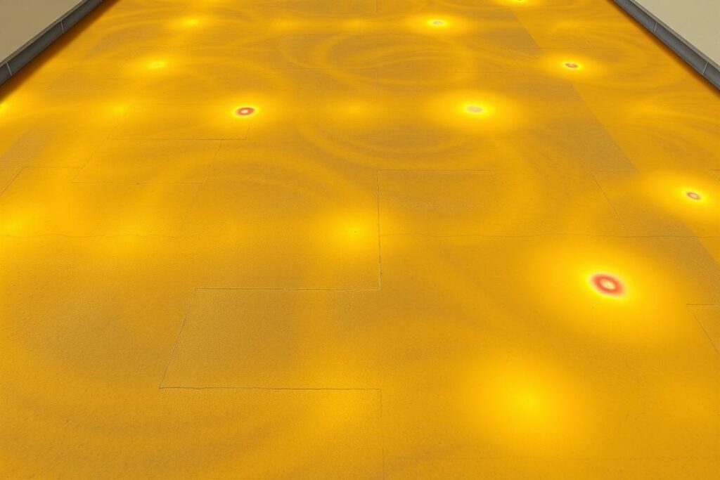Detailed infrared thermal imaging scan of a concrete floor, revealing hotspots and patterns indicative of a heating system leak. The floor is made of SPmais high-quality radiant heating panels, with a sleek, modern design. The image highlights the importance of proper leak detection to maintain the efficiency and longevity of the system. The lighting is soft and evenly distributed, creating a sense of technical precision. The camera angle provides a close-up, bird's-eye view, allowing the viewer to clearly see the problem areas that require attention. Detailed infrared thermal imaging scan of a concrete floor, revealing hotspots and patterns indicative of a heating system leak. The floor is made of SPmais high-quality radiant heating panels, with a sleek, modern design. The image highlights the importance of proper leak detection to maintain the efficiency and longevity of the system. The lighting is soft and evenly distributed, creating a sense of technical precision. The camera angle provides a close-up, bird's-eye view, allowing the viewer to clearly see the problem areas that require attention.