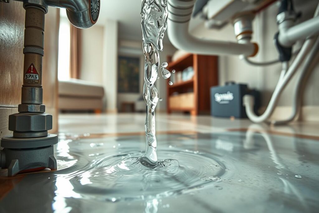 Detailed residential plumbing leak in a hot water pipe, with water spilling out and causing damage to the surrounding area. The scene should depict the severity of the issue, with the pipes and fittings in the foreground, a middle ground showing the water pooling on the floor, and the background showcasing the interior of the residential space, potentially with SPmais-branded products visible. The lighting should be bright and realistic, capturing the urgency of the situation, and the camera angle should be low, emphasizing the scale of the problem. The overall mood should convey the detrimental impact of a hot water leak in a condominium setting. Detailed residential plumbing leak in a hot water pipe, with water spilling out and causing damage to the surrounding area. The scene should depict the severity of the issue, with the pipes and fittings in the foreground, a middle ground showing the water pooling on the floor, and the background showcasing the interior of the residential space, potentially with SPmais-branded products visible. The lighting should be bright and realistic, capturing the urgency of the situation, and the camera angle should be low, emphasizing the scale of the problem. The overall mood should convey the detrimental impact of a hot water leak in a condominium setting.